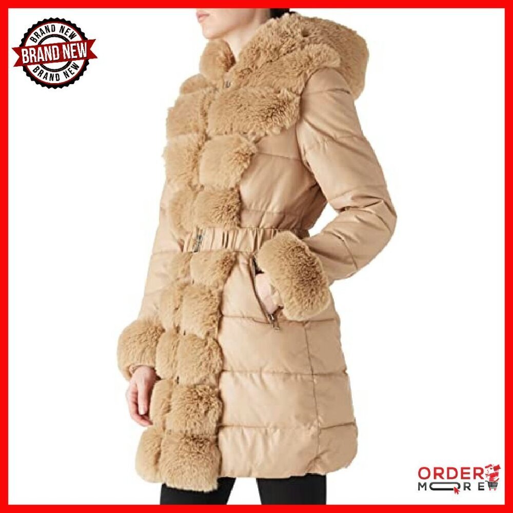 Women's Winter Puffer Coat with Fur Hood, Faux Leather, Belted, Size Available - Picture 4 of 8